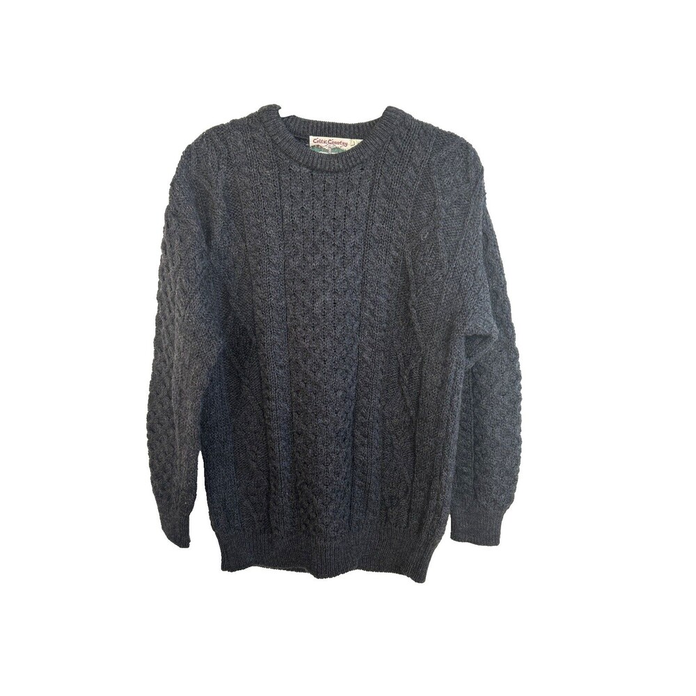 Celtic Country Vintage Irish Wool Sweater Size L Charcoal Gray Aran Cable Knit